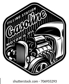 Vector monochrome template for a filling station with vintage car.