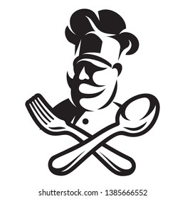 Vector monochrome template for a menu with a chef, fork, spoon.
