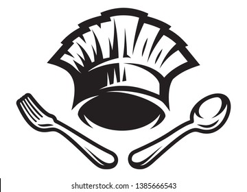 Vector monochrome template for a menu with a chef's hat, fork, spoon.