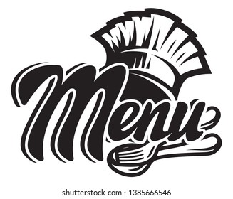 Vector monochrome template for a menu with a chef's hat, fork, spoon.