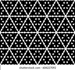 Vector monochrome texture, abstract black & white geometric seamless pattern. Triangular carved figures, perforated shapes, triangle lattice, repeat tiles. Design for print, decor, digital, textile 