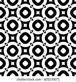 Vector monochrome texture, abstract geometric seamless pattern, old style fashion black & white background with simple geometrical figures, circles, rings, rounded triangles, squares, diagonal grid. 