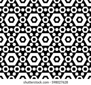 Vector monochrome texture, black & white hexagonal geometric seamless pattern. Contrast abstract background with different sized hexagons, symmetric structure. Design for decor, fabric, prints, cover 
