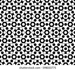 Vector monochrome texture, black & white hexagonal geometric seamless pattern. Stylish abstract background with different sized hexagons, symmetric structure. Design for decor, fabric, furniture, web 