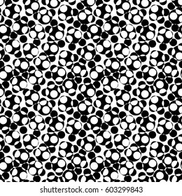 Vector monochrome texture, black & white seamless pattern with chaotic overlay circles, dots, spots. Illusive repeat abstract background. Contrast design element for decor, print, fabric, digital, web