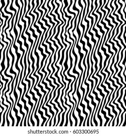 Vector monochrome texture, black & white seamless pattern, abstract curved lines. 3D visual effect, illusion of movement. Dynamical wavy stripes, rippled background. Modern stylish design, pop art