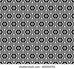 Vector monochrome texture, black & white hexagonal geometric seamless pattern. Contrast abstract background with different sized hexagons, symmetric structure. Design for textile, cover, digital, web 
