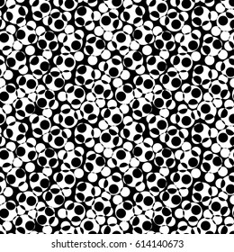 Vector monochrome texture, black & white seamless pattern with chaotic overlay circles, dots, spots. Illusive repeat abstract background. Design element for decor, prints, textile, digital, web, cover