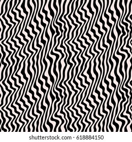 Vector monochrome texture, black & white seamless pattern with abstract curved lines. Visual effect of 3D surface, illusive background. Dynamical liquid wavy stripes. Modern design, pop art style.