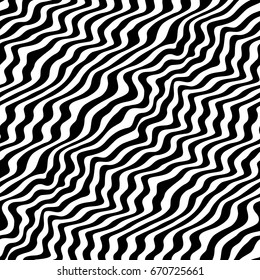 Vector monochrome texture, black & white seamless pattern with abstract curved lines. Visual effect of 3D surface, illusion of movement. Dynamical diagonal waves. Stylish repeat design, pop art style