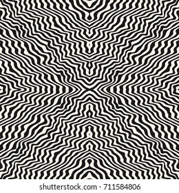 Vector monochrome texture, black & white seamless pattern with abstract curved lines. Animal print, zebra skin. Illusive background, repeat tiles. Dynamical wavy stripes. Modern design, pop art style