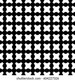 Vector monochrome texture, checked seamless pattern with simple white plump rounded shapes on black backdrop. Illustration of grate. Abstract endless background. Design for prints, decor, textile, web
