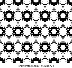 Vector monochrome texture, geometric seamless pattern. Black and white illustration with frosty figures, linear shapes, triangles, hexagons. Abstract ornamental background. Design for prints, textile