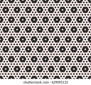 Vector monochrome texture, geometric seamless pattern with different sized hexagons, perforated shapes, honeycombs, hexagonal grid. Modern abstract background. Design element for prints, textile, web