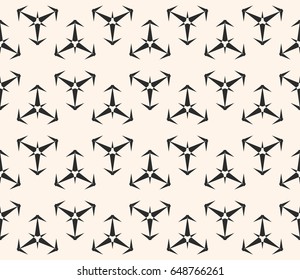 Vector monochrome texture, seamless pattern with simple sharped geometric figures, triangular shapes, blades, arrows, fans. Repeat abstract background. Design for prints, fabric, decoration, covers