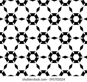 Vector monochrome texture, simple geometric seamless pattern. Symmetric hexagonal grid, perforated hexagons, rhombuses. Abstract black & white background. Design for prints, decor, textile, wrapping 