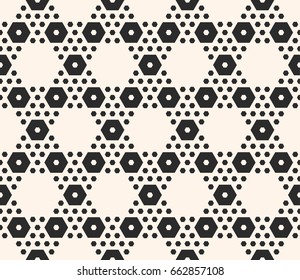 Vector monochrome texture, simple geometric black and beige seamless pattern with different sized hexagons. Repeat abstract modern background. Design for textile, decor, print, textile, cover, tiling