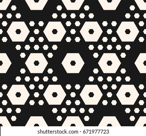 Vector monochrome texture, simple geometric seamless pattern with big and small hexagons. Dark abstract modern background, repeat tiles. Design element for textile, decor, print, textile, cover, cloth