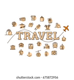 Vector monochrome travel, vacation and tourism related concept illustration. Airplane, ship, train & other transportation symbols; passport, boarding pass, suitcase, map, hotel signs