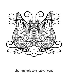 Vector Monochrome Tribal Decorative Cat. Patterned Design, Tattoo