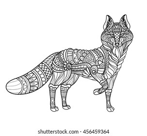 Vector Monochrome Tribal Decorative Red Fox. Isolated Animal On White Background