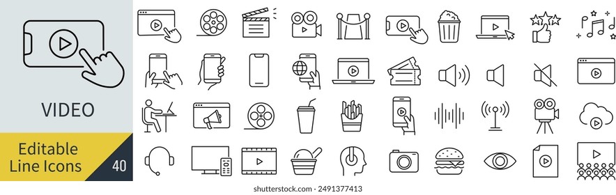 Vektorgrafik Monochrom Video Line Art Icon Set