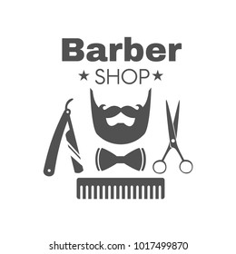 Vector monochrome vintage barbershop badge or logo on white background. 