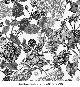 Vector monochrome vintage floral seamless pattern with blooming roses, geraniums, blackberry, meadow flowers, Natural floral illustration on white background. 