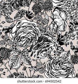 Vector monochrome vintage floral seamless pattern with blooming roses, geraniums, blackberry, meadow flowers, Natural floral illustration on white background. 