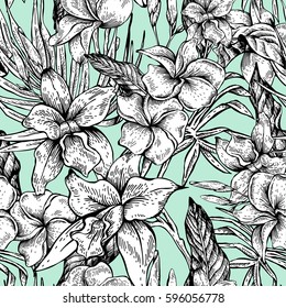 Vector monochrome vintage floral tropical seamless pattern. Exotic flowers, twigs and leaves. Botanical bright classic illustration on blue background.