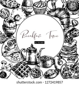 Vector monochrome vintage meal round frame, breakfast objects, food top view, hand drawn illustrations, menu design