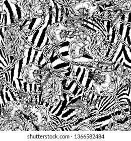 Vector monochrome vintage with roses, chains and wildflowers seamless pattern. Outline glamorous illustration on zebra background.