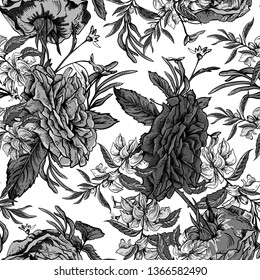Vector monochrome vintage roses and wildflowers seamless pattern. Outline colorful illustration.