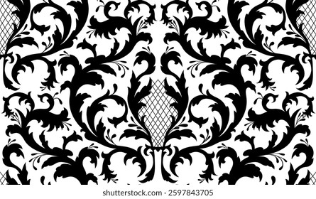 Vector monochrome vintage seamless pattern. Ornament with black silhouette of floral curls on white background. Baroque texture for wallpaper and wrapping paper.