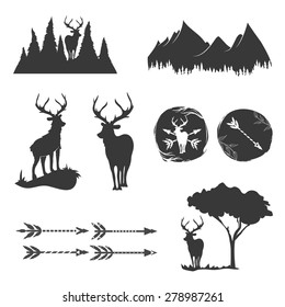 Vector monochrome vintage set of icons, emblems, logos and labels. Deers silhouettes, forest, trees, arrows, mountains. Trendy design elements