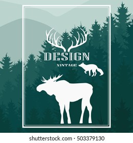 Vector monochrome vintage set of icons, emblems, logos and labels. Deer antlers, fox and moose silhouettes, forest, trees, mountains. Trendy Hipster design elements.