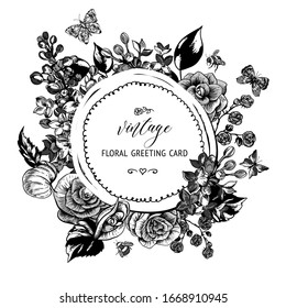 Vector monochrome vintage spring greeting card with blooming flowers of begonia, lilac, butterflies and bees. Natural illustration