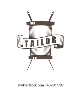 vector monochrome vintage tailor accessories logo; custom tailor shop emblem; sewing company badge