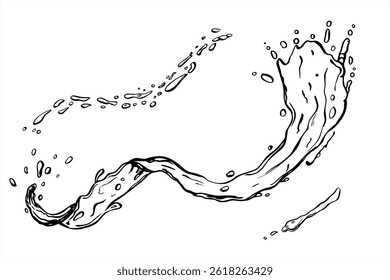 Vector monochrome water splash and drops illustration painted by black inks. Water wave texture with bubbles graphic sketch for beverage branding, sports logos, skincare packaging, summer promotions.