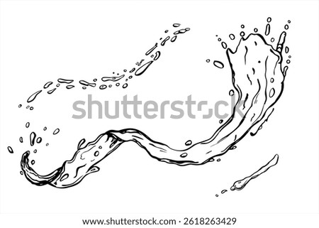 Vector monochrome water splash and drops illustration painted by black inks. Water wave texture with bubbles graphic sketch for beverage branding, sports logos, skincare packaging, summer promotions.
