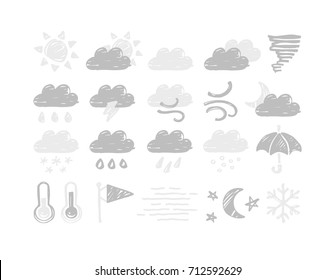 Vector monochrome weather icons set. Hand drawn weather conditions isolated on a white background. Artistic design elements suited for web, patterns, widgets