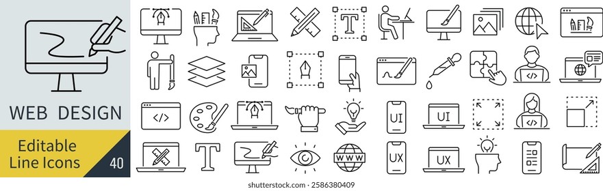Vector Monochrome Web Design Line Art Icon Set