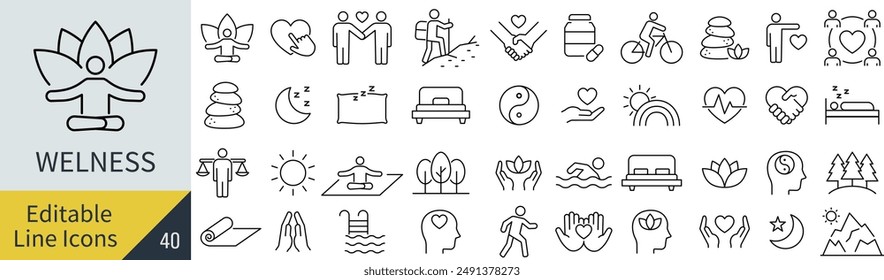 Vector Monochrome Wellness Line Art Icon Set