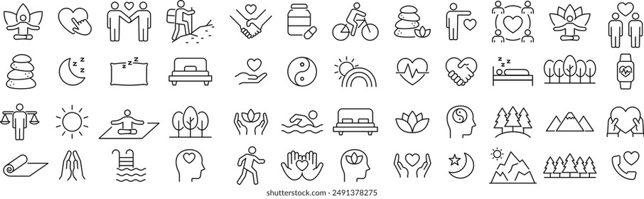 Vector Monochrome Wellness Line Art Icon Set