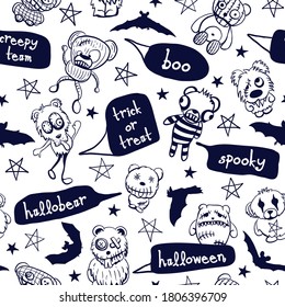 Vector monochrome  white  black  navy blue halloween monsters  hand drawn teddy bear seamless pattern  print modern background  Surface pattern design  Perfect for fabric  cards  backgrounds 