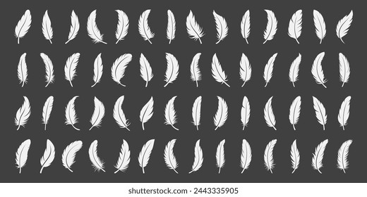 Vector Monochrome White Fluffy Feather Logo Icons. Silhouette Feather Set Closeup Isolated. Design Template of Flamingo, Angel, Bird Feather Collection. Lightness and Freedom Concept