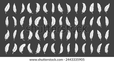 Vector Monochrome White Fluffy Feather Logo Icons. Silhouette Feather Set Closeup Isolated. Design Template of Flamingo, Angel, Bird Feather Collection. Lightness and Freedom Concept