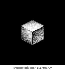 vector monochrome white retro dot art hand drawn cubic geometric volumetric blackwork design element vintage tattoo style decoration isolated shape illustration black background
