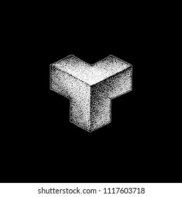 vector monochrome white retro dot art hand drawn cubical triangle geometric volumetric blackwork design element vintage tattoo style decoration isolated shape illustration black background
