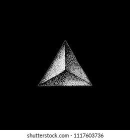 vector monochrome white retro dot art hand drawn triangle prism pyramid geometric volumetric blackwork design element vintage tattoo style decoration isolated shape illustration black background
